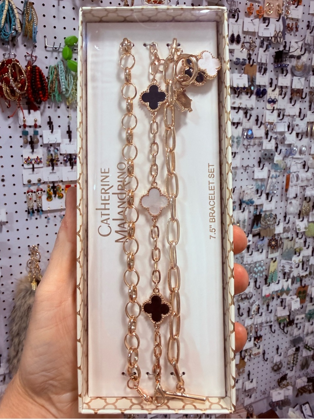 Catherine Malandrino Gold-Tone Bracelet Set with Black and White Clover Charms
